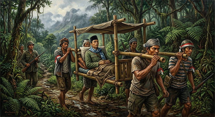 Ilustrasi: Jenderal Sudirman saat memimpin perang gerilya sambil ditandu oleh prajuritnya - (Sumber: Asep News)