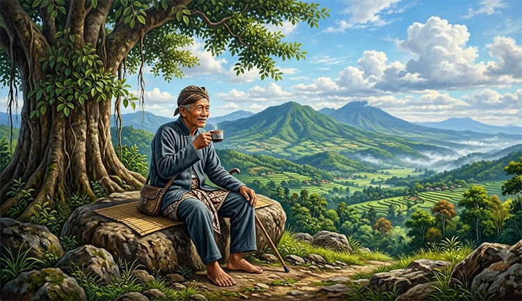 Ilustrasi: Lelaki tua sedang asip menikmati secangkir kopi sambil memandang indahnya suasana pagi di pedesaan - (Sumber: Asep News)
